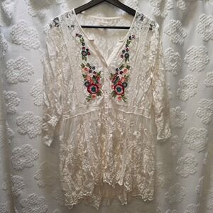 Kyla Seo Womens Cream Floral Lace Embroidered Button Front Boho Tunic Top‎ Small